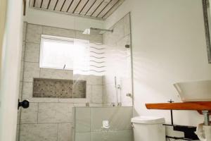 a bathroom with a shower with a glass door at Ocean Mist Suites in Kingstown