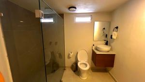 un bagno con wc e doccia in vetro di SantaRitaDepartment-Consulate-HospitalA a Guadalajara Altre 38 foto
