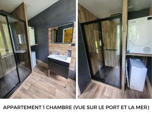 two pictures of a bathroom with a sink and a mirror at Appart Cosy Brest (La gare) vue mer in Brest