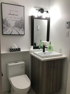 Un baño con inodoro, lavabo y espejo. en Le Coin Relax Tremblant, en Mont-Tremblant