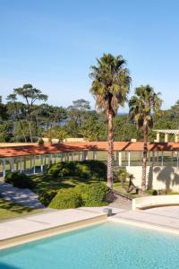 un complejo con piscina y palmeras en Locanda Punta Del Este, en Punta del Este