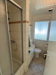 a bathroom with a shower and a toilet and a sink at Feriendorf Seddiner See - Bungalow 5 in Seddin