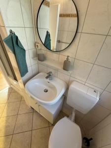 a bathroom with a sink and a toilet and a mirror at Feriendorf Seddiner See - Bungalow 5 in Seddin +9 photos