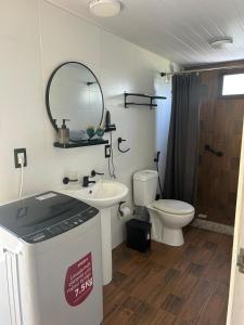 un bagno con lavandino, WC e specchio di Cabañas San Jorge a Bella Vista