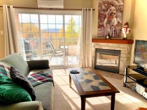 a living room with a couch and a fireplace at Le Zénitude Mont-Blanc in Saint-Faustin