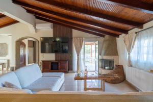 a living room with a couch and a fireplace at Liberis Loft Suite in Argostoli