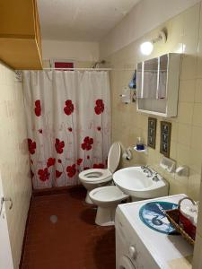a bathroom with a toilet and a sink and a shower curtain at A pasos de la terminal in Viedma