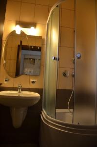 een badkamer met een wastafel en een douche met een spiegel bij Vila Poienita in Costinesti