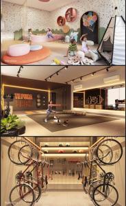 two pictures of a room with two bikes on the wall at Apartamento Solar dos Pampas in Guaíba