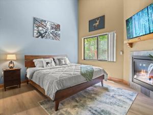 a bedroom with a bed and a tv and a fireplace at Indoor Water Park - Game Rm - Mins to Downtown - Jacuzzi in Wisconsin Dells +53 photos