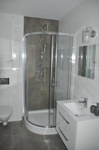 a bathroom with a shower and a sink at Apartament Wilenska in Mrągowo