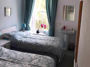 1 Schlafzimmer mit 2 Betten, einem Waschbecken und einem Fenster in der Unterkunft St Catherines Court No 7 in Fowey