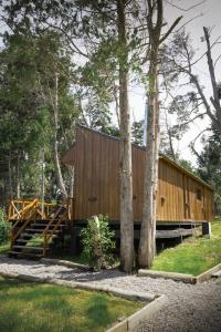 a wooden house with a staircase in a forest at Henko 1 in Villa La Angostura