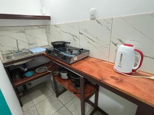 a kitchen counter with a stove and a sink at Apartamentos Zamora in Puerto Limón