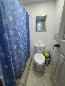 a bathroom with a toilet and a blue shower curtain at Apartamentos Zamora in Puerto Limón