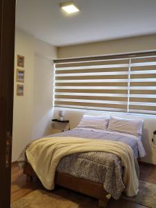 una camera da letto con un letto con una grande finestra di Apartamento full equipado cerca a la plazuela Quintanilla a Cochabamba