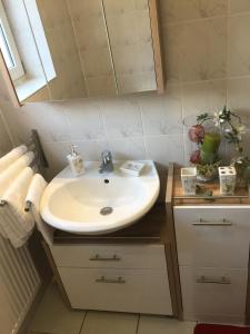 a bathroom with a sink and a mirror at Boulevard Apartment in Raunheim