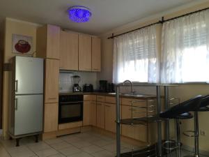 a kitchen with a white refrigerator and a window at Boulevard Apartment in Raunheim