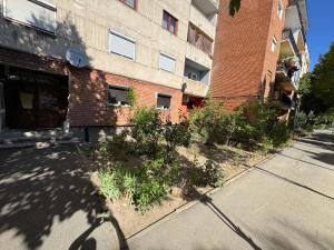 an empty street in front of a brick building at Apartment Catalin in Arad