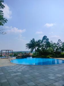 a swimming pool with a palm tree in the background at Apartement Grand Kamala Lagoon by Bekstay in Pulosirih