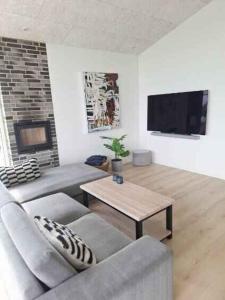 a living room with a couch and a table and a tv at Holiday Idyll With Nature And City Nearby in Skødstrup