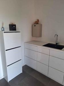 a kitchen with white cabinets and a sink at Holiday Idyll With Nature And City Nearby in Skødstrup