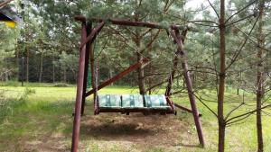 a swing with blue chairs in a tree at Dom na Mazurach in Spychowo