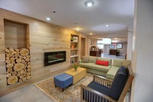a living room with a couch and a tv and a fireplace at Country Inn & Suites by Radisson, Charlotte I-85 Airport, NC in Charlotte