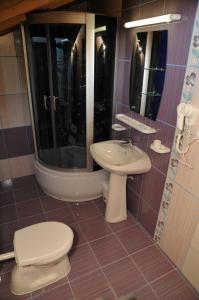 un bagno con un water e un lavandino di Pensiunea Lory a Piatra Neamţ Altre 23 foto