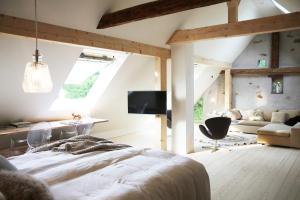 ein Schlafzimmer mit einem Bett, einem TV und einem Sofa in der Unterkunft Annas Scheune in Waldkirch
