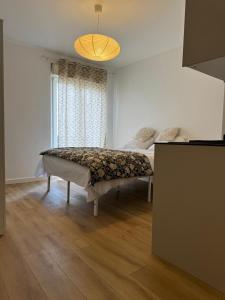 una camera da letto con un letto e una grande finestra di M093 Marquer Studio à Annemasse avec balcon ad Annemasse