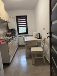 a small kitchen with a table and chairs in it at Central Apartament -Târgu Ocna in Tîrgu Ocna +10 photos