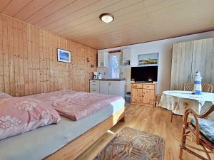 Un dormitorio con una cama, un televisor y una mesa. en Bungalow Bansin, en Bansin 3 fotos más
