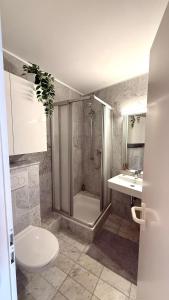 a bathroom with a shower and a toilet and a sink at Apartment am Hafen in Düsseldorf