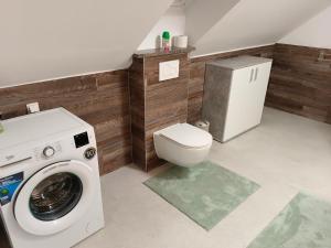 a bathroom with a washing machine and a toilet at Ferienwohnungen Birgit in Leibnitz