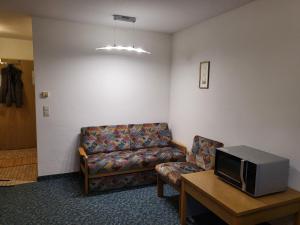 a living room with a couch and a tv at Zimmer mit Küchenzeile in einer abgelegenen ehemaligen Hotelanlage in Vohenstrauß