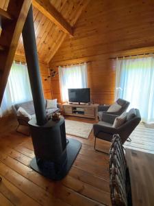 una sala de estar con estufa de leña en una cabaña en The Wooden Whisper, en Durbuy