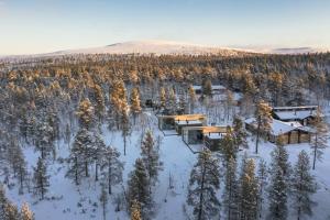 an aerial view of a house in the snow at Moderni puuhuvila erämaan reunalla Kiilopäällä in Saariselka