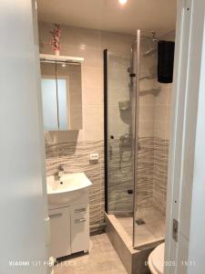 a bathroom with a shower and a sink at Atpūta pie Gora in Rēzekne
