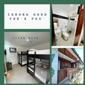 a collage of three pictures of a bathroom and a room at La Patricia Hotel in Baler