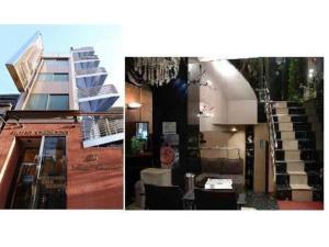 two pictures of a building with stairs and a restaurant at Business Hotel Crescent - Vacation STAY 49947v in Tokyo