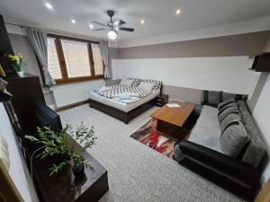 a living room with a couch and a table at APARTMAN WOLF Luxusné priestranné ubytovanie s Výhľadom na hory s Bezplatným Parkovaním Veľkou SMART TV Rýchlym Optickým Internetom Priamo v PB Tichá lokalita Všetko na blízku Vhodné pre Rodinu Skupinu Pracovné cesty aj Turistiku Plne vybavená Kuchyňa in Považská Bystrica