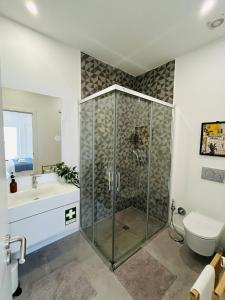 a bathroom with a shower and a sink and a toilet at Casa Eliz Modern Comfort in the center of Faro in Faro