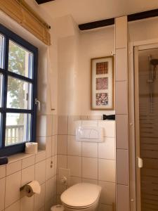 a bathroom with a toilet and a window at Landhaus 2 Stettinerhaff in Dargen +31 photos