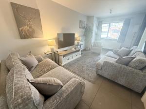 a living room with two couches and a flat screen tv at Marigold Cottage in Brockenhurst