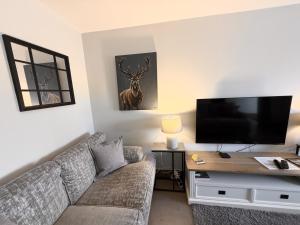 a living room with a couch and a flat screen tv at Marigold Cottage in Brockenhurst +25 photos