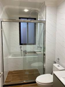 ein Badezimmer mit Glasdusche und Toilette in der Unterkunft Joy Apartment in Addis Abeba