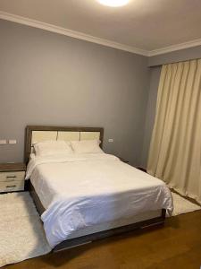 ein Schlafzimmer mit einem weißen Bett und einem Fenster in der Unterkunft Joy Apartment in Addis Abeba + 5 Fotos