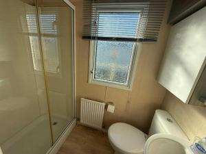 a bathroom with a toilet and a shower and a window at Salty Breezes in Ingoldmells