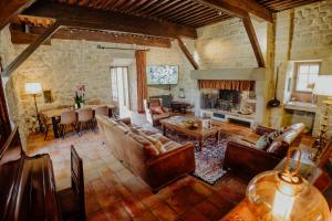 a living room with leather furniture and a fireplace at Château de Tournou in Castelreng